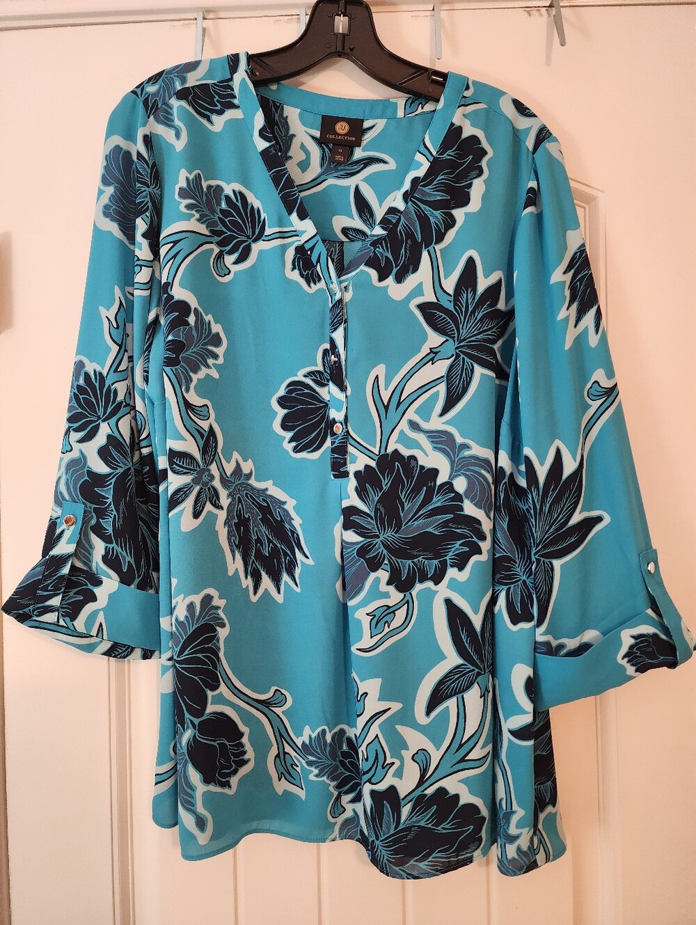 JM Collection Teal Navy White Floral V-Neck Tunic Top 1X NWT 3/4 Sleeve Boho
